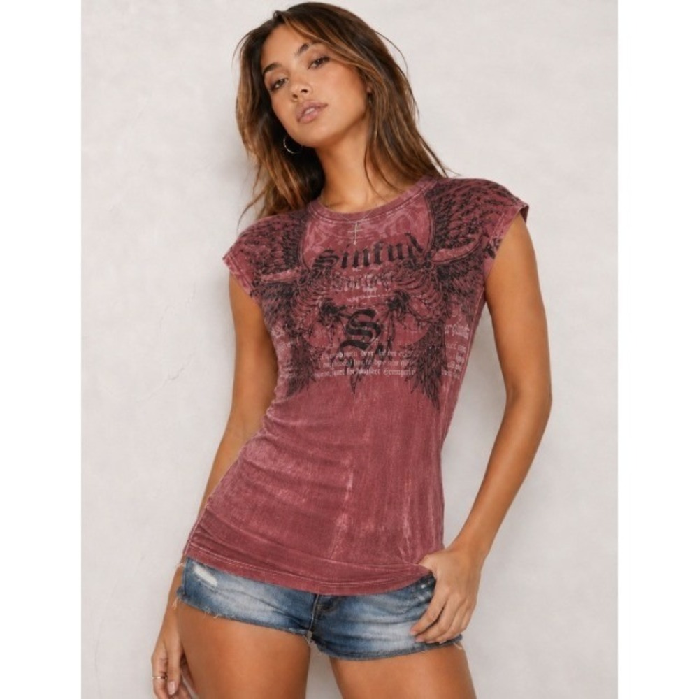 Y2K Sinful by Affliction Shirt Womens Burgundy Wing‎ Graphic Tattoo Tee McBling